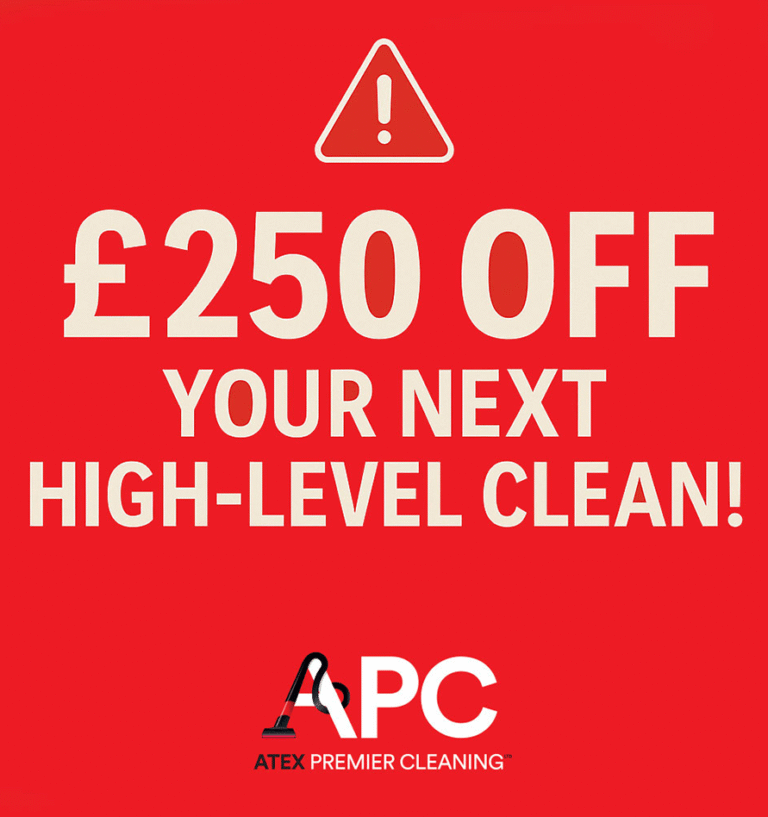 Red promotional banner offering £250 off high-level cleaning with APC logo