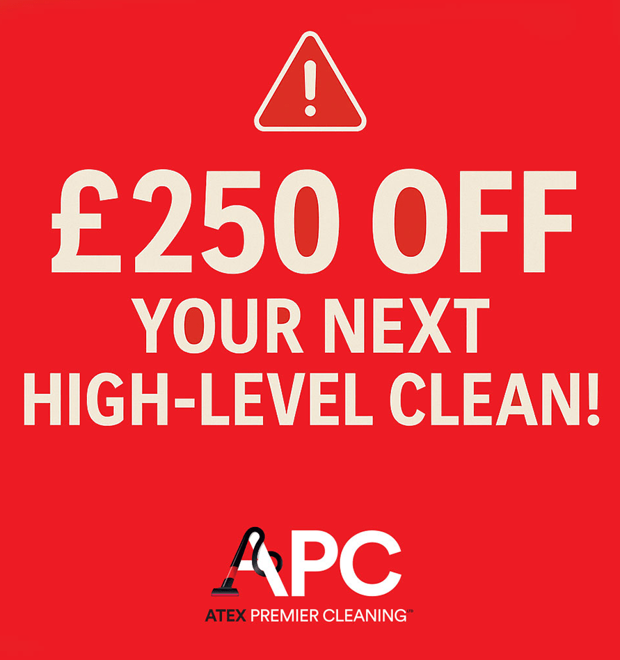 Red promotional banner offering £250 off high-level cleaning with APC logo